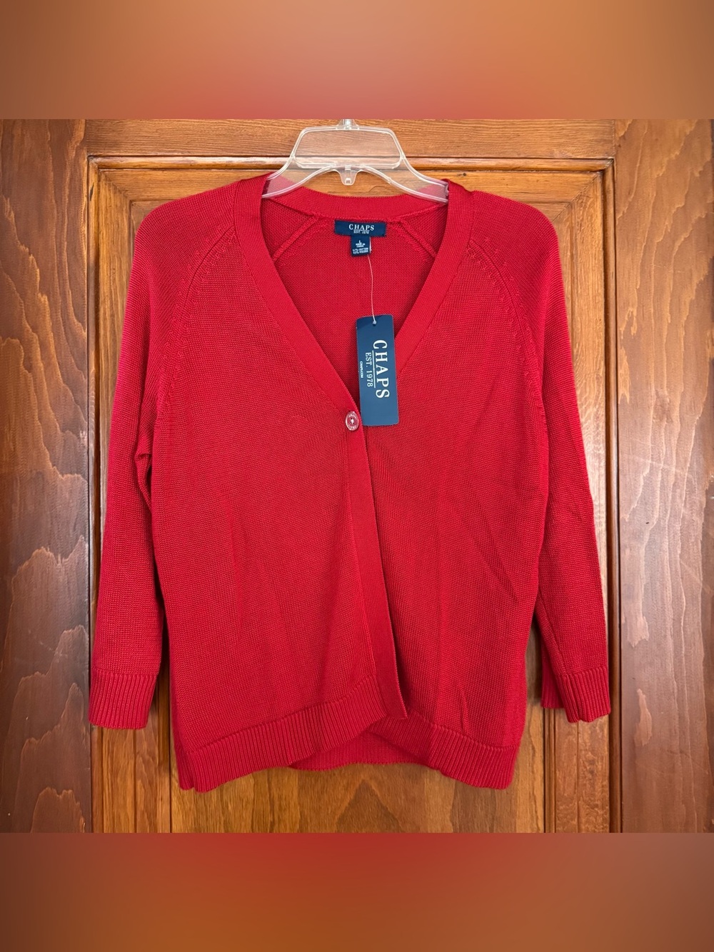 Chaps Red Cardigan Sz large 1 button 3/4 sleeve
